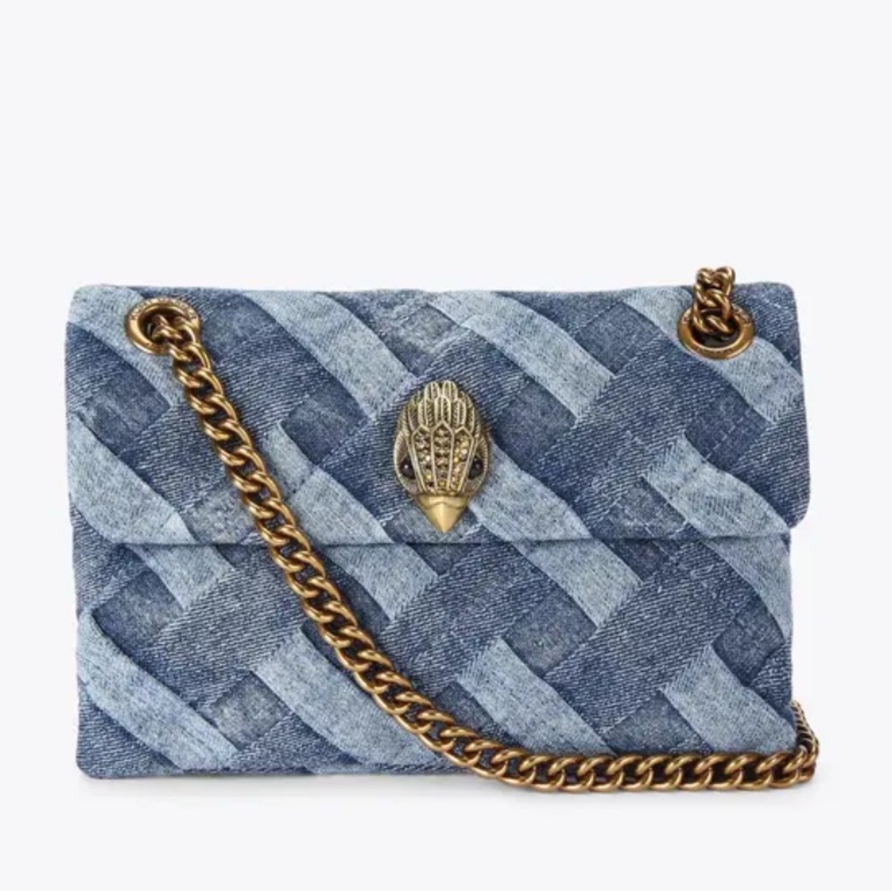 Blue Denim Woven Handbag with Gold Chain